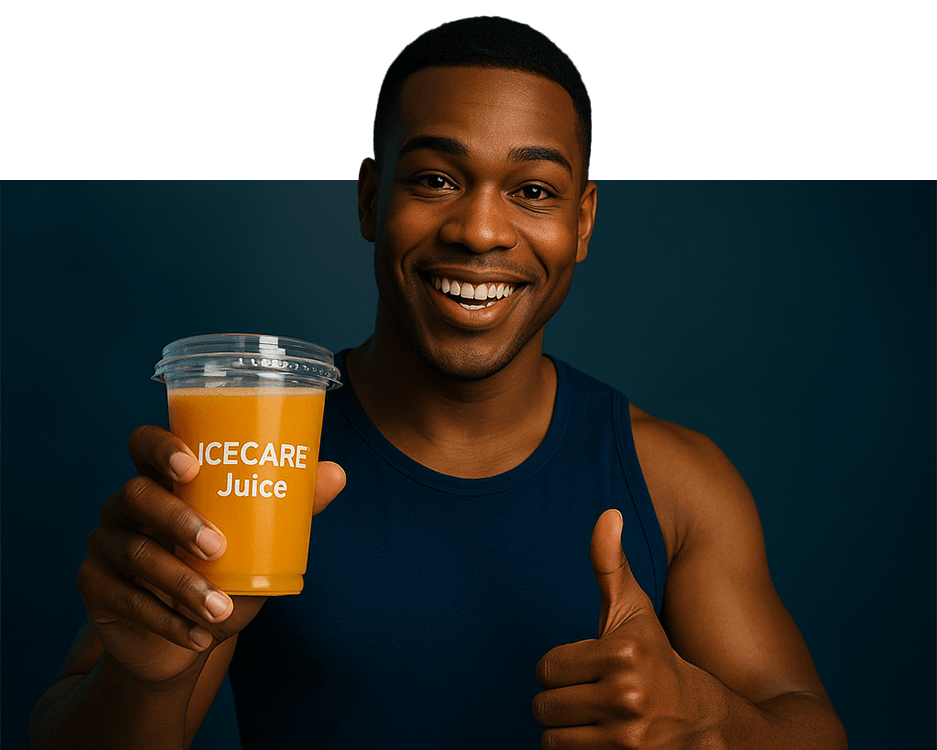 IceCare Anwendungen – glücklicher Mann mit IceCare Juice und Daumen hoch